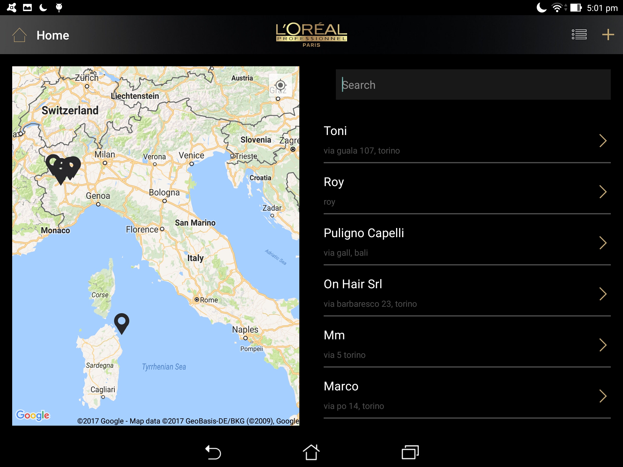 Catalogo customer-location interface with a map and location list