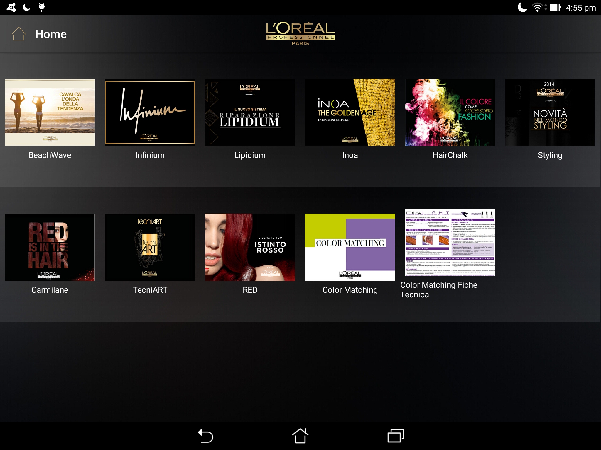 Catalogo products interface showing a grid of professional hair-care products