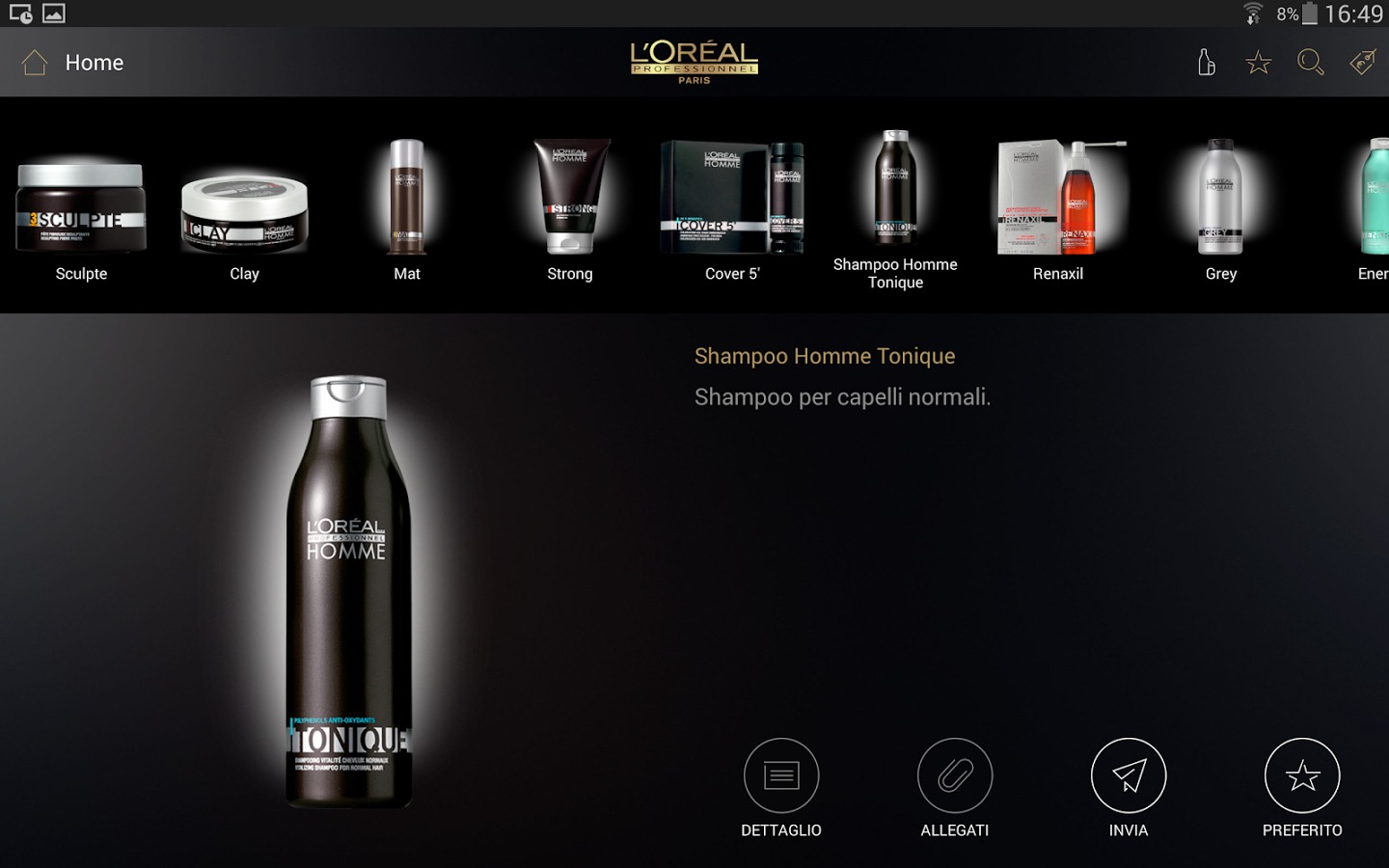 Catalogo product detail interface with a product carousel and action controls