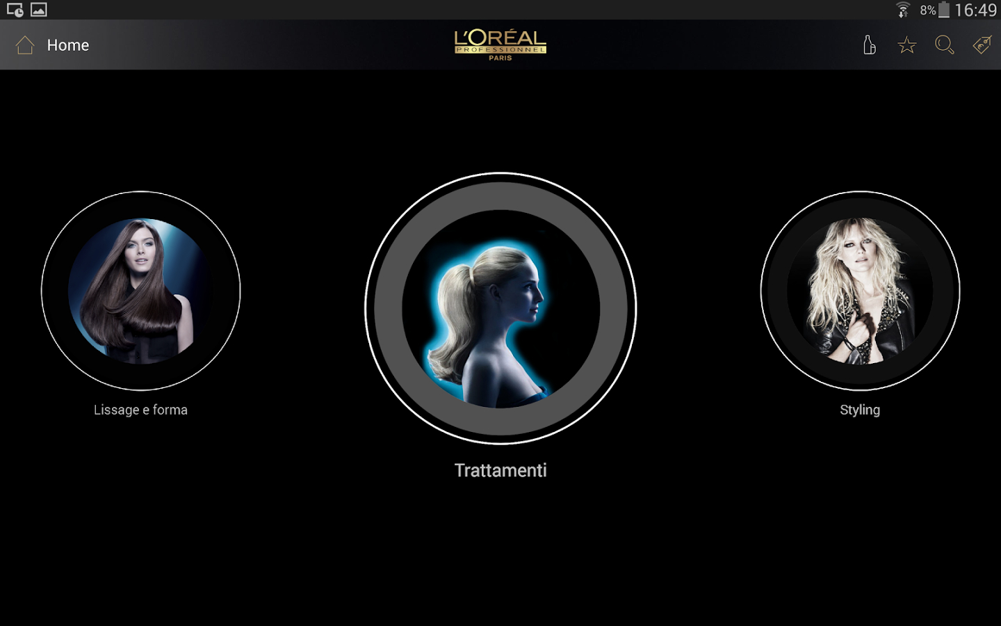 Catalogo category interface with circular hairstyle and treatment navigation