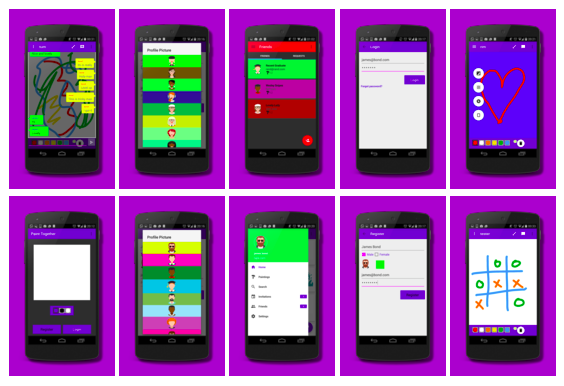 A collection of Paint Together screens showing painting, chat, friends, profiles, and account access