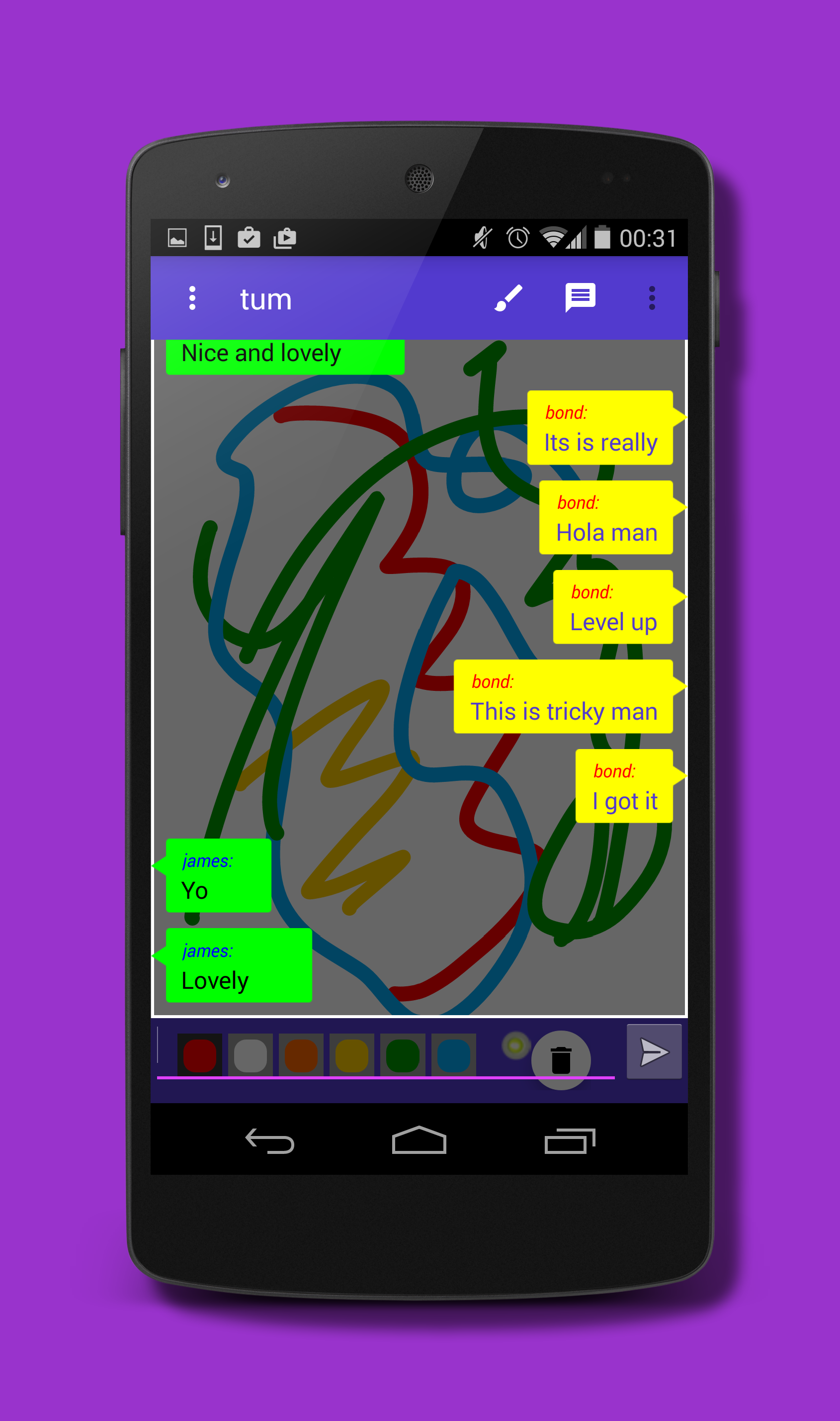 Paint Together shared canvas with a drawing, chat messages, drawing controls, and colour palette