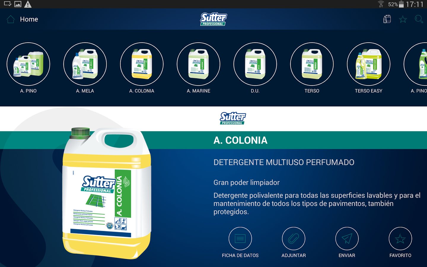 Sutter Professional España product detail interface with a product carousel, description, data sheet, attachment, send, and favourite actions