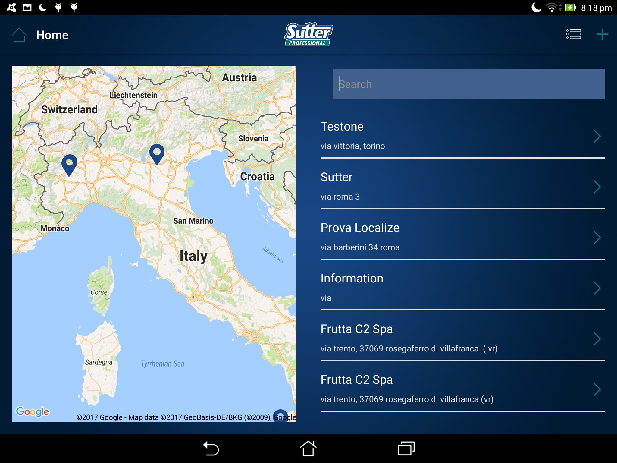 Sutter Professional Italia customer-location interface with a map and searchable list