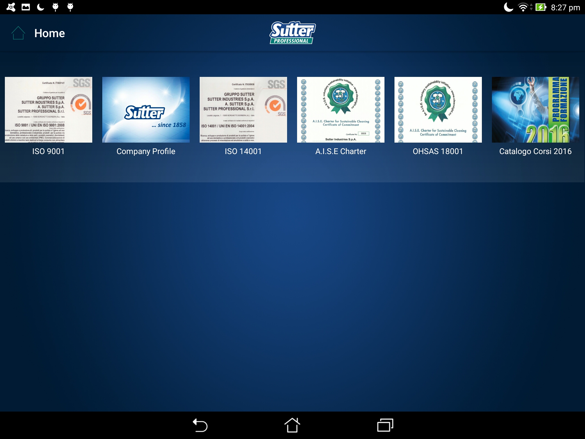 Sutter Professional Italia document library showing company and certification materials