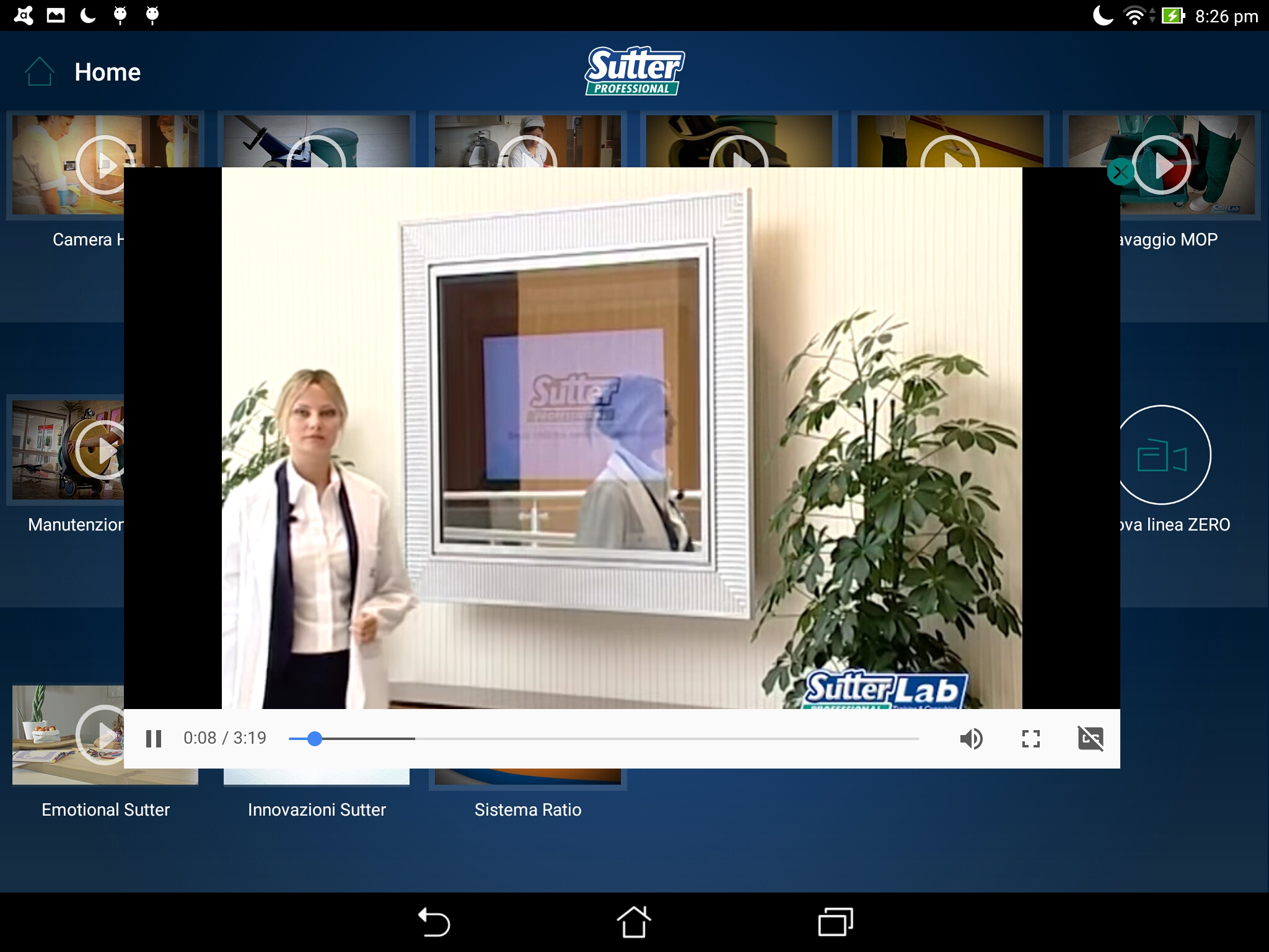 Sutter Professional Italia media interface playing an instructional video