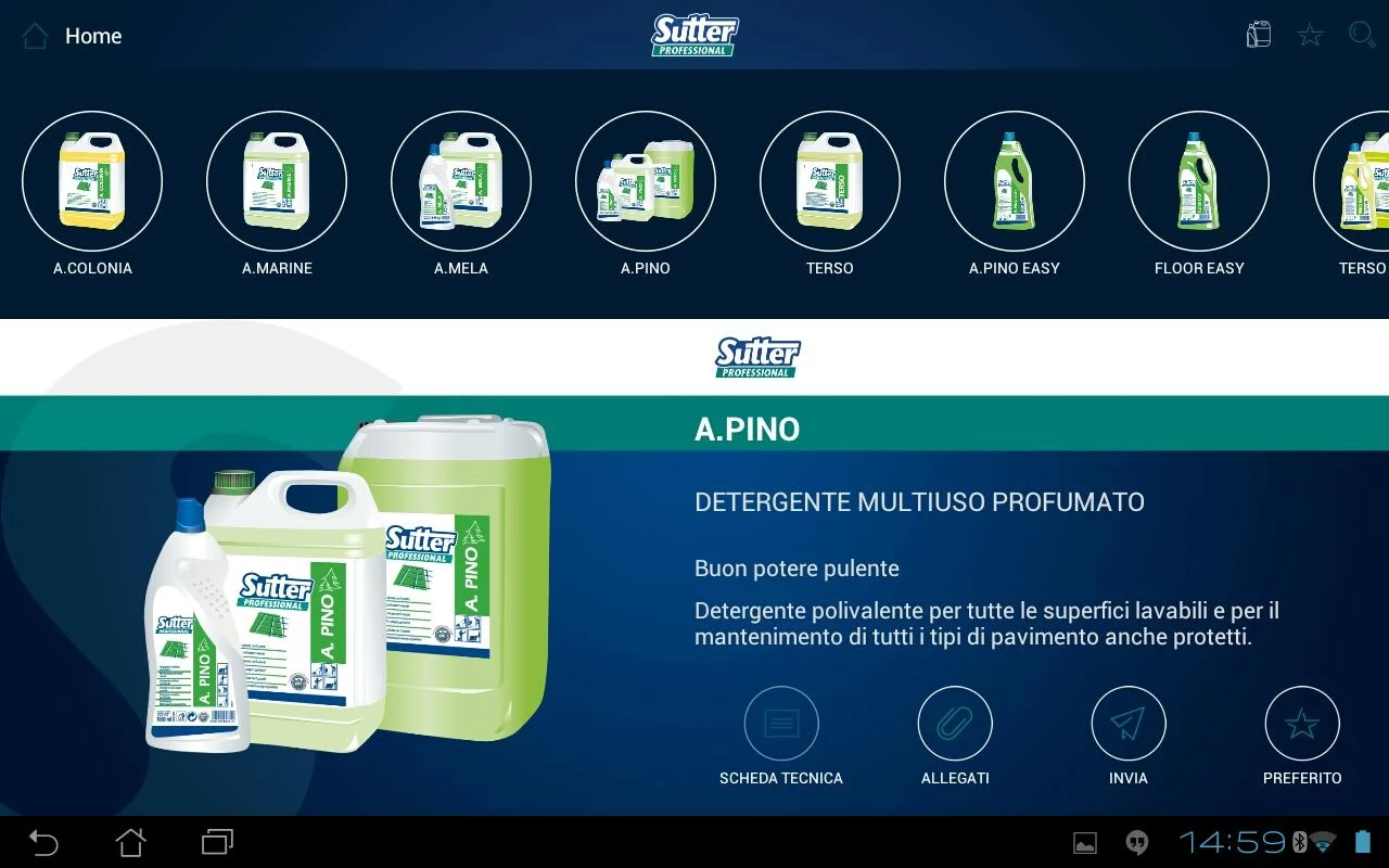 Sutter Professional Italia product detail interface with a product carousel and action controls
